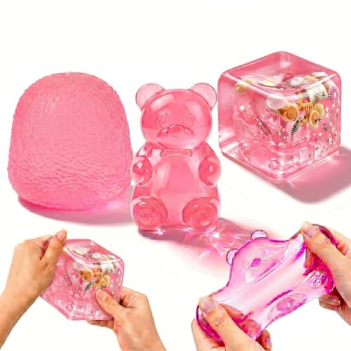 3Pcs Taba Squishy Fidget Toys, Clear Jelly Gummy Bear & Bubble Cube Stress Balls, Satisfying Squeeze Sensory Toy for Kids Adults Anxiety Relief, Goodie Bag Fillers Classroom Prizes (3Pcs-Pink)