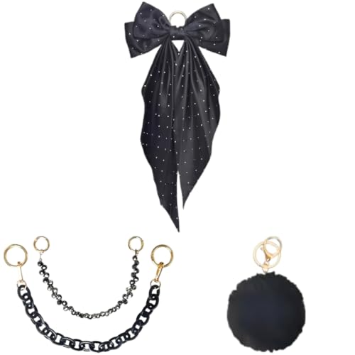 3 Pcs Tote Bag Decor Kit, Compatible with Bogg and YETI Camino, Black Decorative Bow and Pom Pom Accessories with Double Layer Chain, DIY Style for Beach Bag, Commute, and Easy Customizing