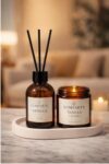 3 Piece Amber Scented Home Fragrance Set: 100ml Reed Diffuser, 100ml Handmade Candle, and Decorative Tray - Vanilla