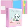 3 Ring Binder 1.5 inch，Cute Binder Organizer with 5 Tab Dividers Fits 175 Sheets of 8.5x11 Paper, Customizable Clear Cover with Inside Pockets, Aesthetic 1.5" Three Ring Binders for School Office，Pink