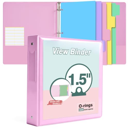 3 Ring Binder 1.5 inch,Cute Binder Organizer with 5 Tab Dividers Fits 175 Sheets of 8.5x11 Paper, Customizable Clear Cover with Inside Pockets, Aesthetic 1.5" Three Ring Binders for School Office,Pink