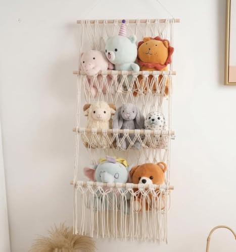 3 Tier Macrame Toy Hammock Organizer for Stuffed Animals – Large Cotton Rope Wall Hanging Storage Net, Boho Nursery Decor, Kids Room Plush Toy Holder, Space Saving Corner Organizer