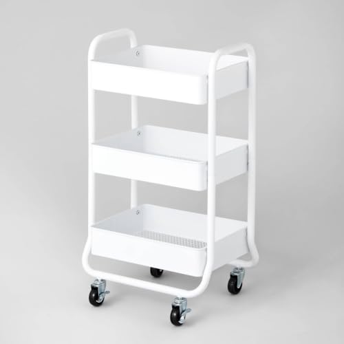 3 Tier Metal Utility Cart, Rolling Storage Trolley with Lockable Wheels, Rust-Resistant Mesh Shelves for Kitchen, Office, and Bathroom Organization, 17.72"W x 13.78"D x 31.3"H, White, 1-Pack