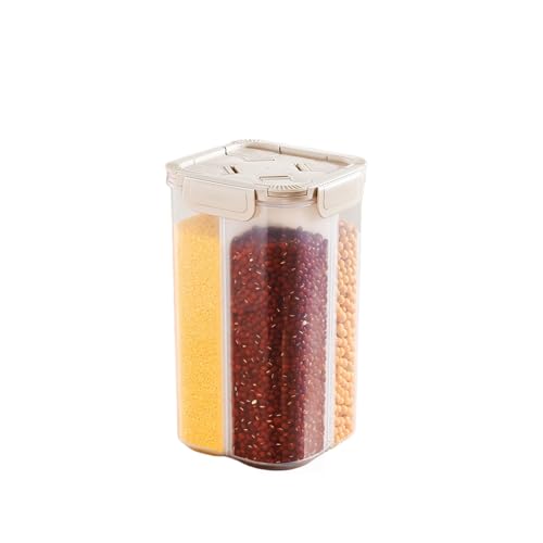 4-Compartment Airtight Food Storage Container - 9.06×5.51×5.51 inch Large Capacity, Transparent Kitchen Pantry Organizer for Grains, Rice, Beans (5.73 lb Total, 1.43 lb Per Compartment) (Khaki)