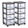 4-Drawer Narrow Plastic Storage Cart Set (Set of 2), Slim Frame Storage Tower with Smooth Rolling Wheels, Mobile Organizer Cart for Home Office, Closet, Bathroom - Black & Clear