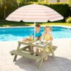 4-in-1 Kids Sand and Water Table with Removable Weatherproof Umbrella, Wooden Outdoor Picnic Table with 2 Covered Bins, Activity Sensory Table for Toddlers, Boys and Girls, Seats 4, Multi Play, Pink