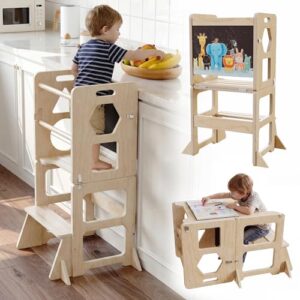 4-in-1 Toddler Kitchen Step Stool,Montessori Foldable Learning Standing Tower with Blackboard, Anti-tip Structure Design,Wooden Kitchen Step Helper Stool for 1-3 Year Old Boy Girl