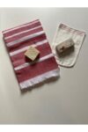4-Piece Turkish Bath Set - Cotton Peshtemal, Olive Oil Soap, Exfoliating Kese, Pumice Stone - Appropriate for Spa, Beach, Wedding Gifts - Red