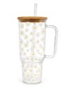 40 oz Floral Glass Tumbler with Handle, Bamboo Lid & Reusable Straw, Drinking Cup, Large Borosilicate Glass Cup for Iced Coffee, Tea, Water, Smoothies & Juice (Clear with Daisy Print, Floral)