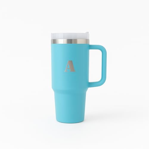 40oz Teacher Tumbler with Handle & Straw, Double Wall Vacuum Insulated Stainless Steel Travel Mug, Leak Proof Cup, Reusable Large Iced Coffee Water Bottle, Cyan Monogram Initials (Cyan, A)