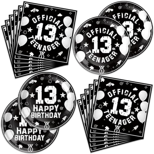 40Pcs 13th Birthday Party Supplies Black And White Dinnerware Set Disposable Plates Napkins Serves 20 Happy 13th Birthday Decoration for Boys Girls Official Teenager Party Decorations