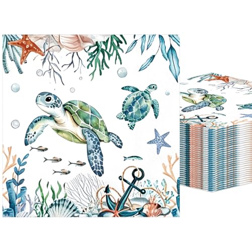 40Pcs Blue Coastal Turtle Paper Napkins Disposable Under the Sea Napkins, Nautical Ocean Sea Turtle Hand Towels for Underwater Beach Summer Birthday Baby Shower Dinner Kitchen Bathroom