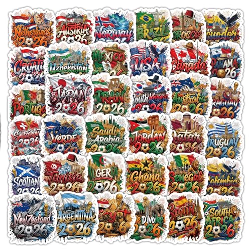 40PCS World Cup Football Soccer Stickers, 2026 National Team Flag Country Stickers| Waterproof International Team Stickers for Water Bottle Laptop, World Cup Soccer Gifts for Fans Adults Collectors