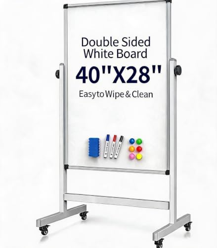 40x28 Inches Mobile Whiteboard with Stand, Double-Sided Magnetic Dry Erase Board on Wheels, Height Adjustable 40"-75" Rolling White Board for Home, Office, Classroom & Studying