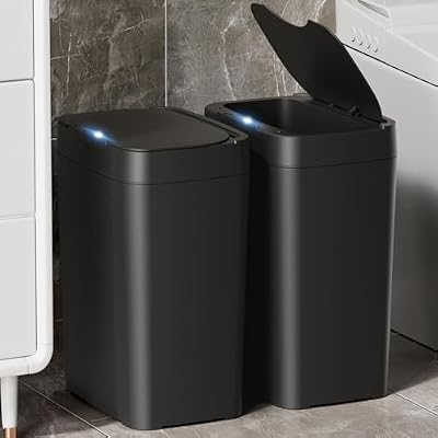 2 Pack 2.7 Gal Bathroom Trash Can with Lid, Automatic Trash Can Small Smart Garbage Can Touchless, Slim Motion Sensor Waterproof Plastic Trash Bins for Bedroom Office Kitchen Toilet