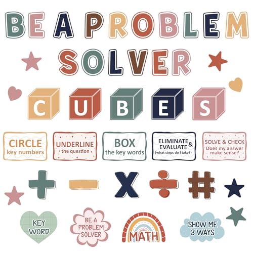 42Pcs Math Bulletin Board Set, Be a Problem Solver Bulletin Board, Boho Math Keywords Cubes Cutouts Poster for Back to School Teacher Students Supplies Preschool Classroom Office Door Wall Decor