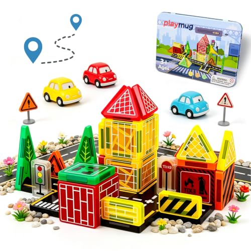 42PCS Mini Magnetic Tiles Road Set with Box, Travel Magnetic Tiles for Kids Age 3+, Portable Travel Size for Boys Girls, Educational & Creative Gifts for Christmas & Birthday, Suitable for Outdoor