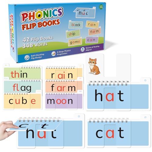 42 Read and Rhyme Flip Books,Phonics Word Family Build Book Learn to Read Phonics Flash Cards,Sight Words Flash Cards Kindergarten Reading Books,Flip Book Word Games for Preschool Learning Activities