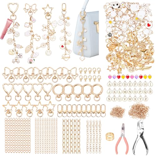 431PCS Lip Gloss Keychain Making Kit, Aesthetic DIY Bag Charm Kit with 136 Charms, Chains & Jewelry Tools, Make Bag & Purse Charms, Party Favors & Gifts, Small Business Supplies (431PCS GOLD-WHITE)
