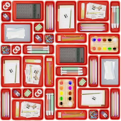 45 Pack Desk Drawer Organizer Tray, 3 Sizes Plastic Drawers Organizer Storage for Kitchen, Bathroom, Office, Vanity, Makeup, Utensils, Junk Drawer Organizer Bins, Gadget Trays for Organizing, Red