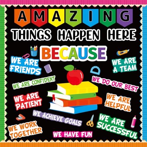 46Pcs Amazing Things Happen Here Bulletin Board Motivational Welcome Back to School Bulletin Board Decoration Inspirational Paper Cutouts for Home School Classroom Nursery Chalkboard Wall Door Decor