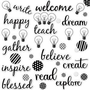 48 Pcs Black and White Classroom Decor Teach Mini Bulletin Board Set Script Words Stripes Polka Dots Bulb Cutouts Bulletin Board for Classroom Home School Decor Supply