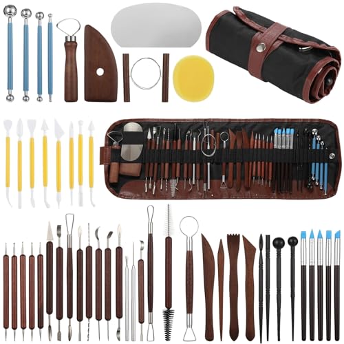 48 Pcs Pottery Tools Kit with Roll-Up Storage Bag, Clay Carving Set, Professional Ceramic Sculpting and Modeling Instruments for Beginners and Expert Artists, Wood Metal Plastic Materials