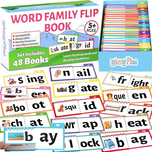48 Word Family Build Book Spell Read and Rhyme Flip Activity Books Vocabulary Flashcards Kindergarten Sight Phonics Flashcard Learn to Read Activity Games for Kids Homeschool Supplies(Word Family)