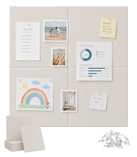 48" x 36" Large Felt Bulletin Board, 12 Pack Cork Boards, Fabric Bulletin Board with 60 Safe Removable Adhesive Tabs, 50 Pushpins, Felt Pin Boards Tiles for Home Office Wall Decor, Oatmeal