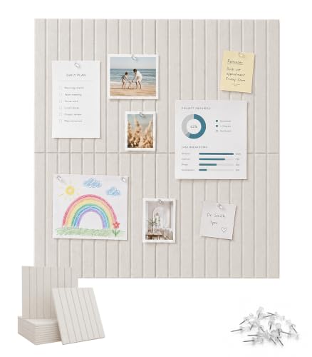 48" x 36" Large Felt Bulletin Board, Bold-Stripe 12-Pack Cork Boards, Fabric Bulletin Board with 60 Adhesive Tabs, 50 Pushpins, Felt Wall Tiles for Office Push Pin Board Felt Board, Oatmeal