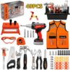 49 PCS Kids Tool Set with Toy Electric Drill, Construction Dress Up Pretend Play Kit with Tool Box, Washable Vest, Goggles & STEM Building Plate, Birthday Gift for Boys Toddlers Age 3 4 5 6 7