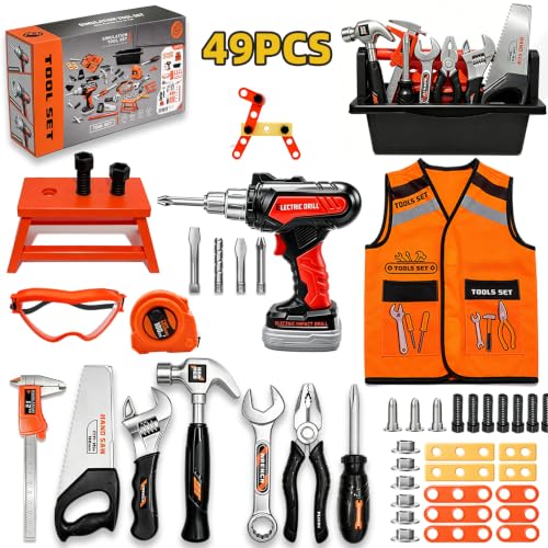 49 PCS Kids Tool Set with Toy Electric Drill, Construction Dress Up Pretend Play Kit with Tool Box, Washable Vest, Goggles & STEM Building Plate, Birthday Gift for Boys Toddlers Age 3 4 5 6 7