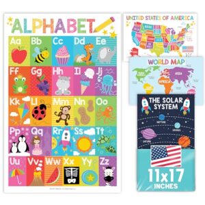 4 Alphabet, Map of United States, World Map, & Solar System Posters - Laminated ABC Charts for Toddlers Wall Decor, Colorful Posters for Kindergarten, Prek Classroom or Homeschool 11x17
