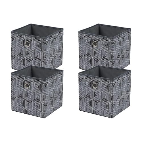 4 Pack Black & Gray Geometric Collapsible Fabric Cube Storage Bins, 10.5 x 10.5 Inch Foldable Cubby Organizer Baskets with Reinforced Handles for Closet, Shelves, Nursery & Toy Storage