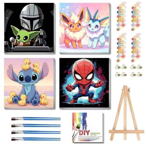 4 Pack Cartoon Paint by Numbers for Kids with Framed Canvas-Paint by Number for Kids Ages 4-8-12, DIY Easy Acrylic Oil Painting Kits for Home Wall Decor 8X8incht(with Wooden Easel and gift box)