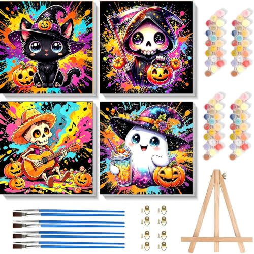 4 Pack Halloween Paint by Numbers Kit for Kids with Frame - Wooden Easel, Cute Halloween Kids Paint by Numbers Kits Ages 8-12, Easy DIY Acrylic Oil Painting by Number for Home Wall Decor Gift 8x8 inch