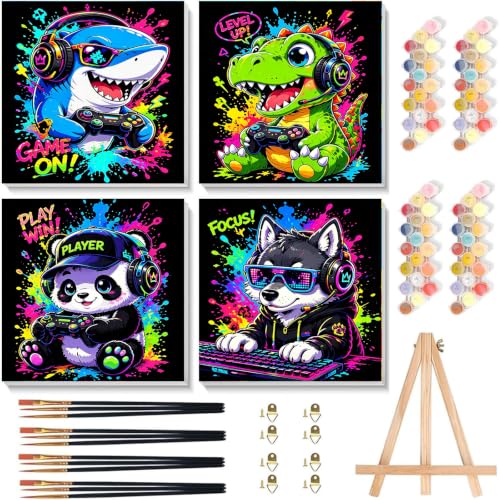 4 Pack Paint by Numbers Kit for Kids with Frame, Cute Animals Playing Video Games Kids Paint by Numbers Ages 4-8-12 with Wooden Easel, Easy Oil Painting by number for Gift Home Wall Decor(8x8 inch)