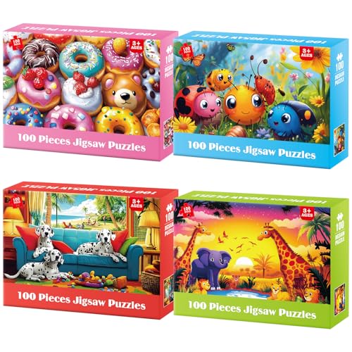 4 Packs 100 Piece Puzzles for Kids Ages 4-6 6-8 8-10, Cute Donuts & Insects & Dalmatians & Animals Educational Jigsaw Puzzles, Birthday Xmas Gifts for Boys Girls Teens Adults Kids Puzzles 4-6 5-8