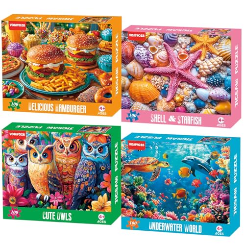 4 Packs 100 Piece Puzzles for Kids Ages 4-6, Jigsaw Puzzles for Kids Ages 6-8 8-10 Sea World, Owls, Hamburger, Starfish Learning Educational Toys for Boys and Girls