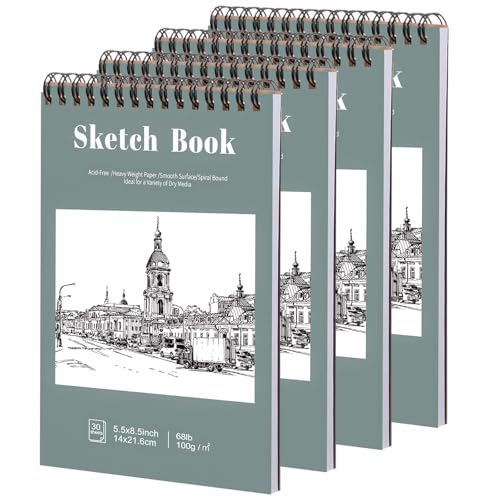 4 Pack Small Sketch Books, 5.5 x 8.5 Inch Mini Sketchbook, 68lb/100gsm Spiral Bound Small Sketch Pad, Acid Free Art Supplies Drawing Painting Sketchbook for Kids, Beginners, Artists (30 Sheets Each)