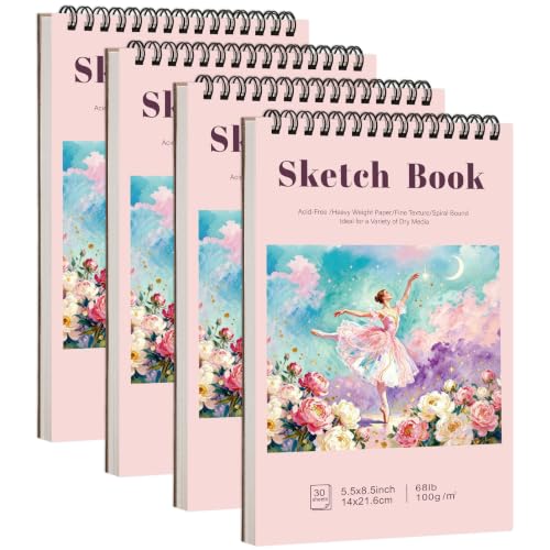 4 Pack Small Sketch Books, 5.5 x 8.5 Inch Mini Sketchbook, 68lb/100gsm Spiral Bound Small Sketch Pad, Acid Free Art Supplies Drawing Painting Sketchbook for Beginners, Artists (Pink)