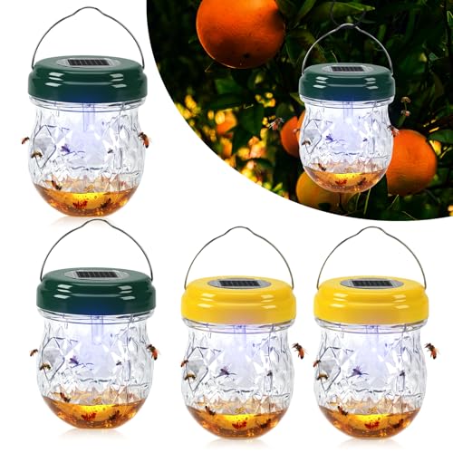 4 Pack Solar Wasp Traps Outdoor Hanging: Reusable Yellow Jacket Traps with LED Light - Effective Carpenter Bee Catcher & Hornet Trap - Waterproof Wasp Deterrent for Garden & Yard (4)
