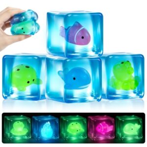 4 Pack Stress Cube, Glow in The Dark Sea Animal Inside Squishy Toys, Ice Cube Slow-Rising Squishy for & Adults Anxiety Relief Squishies Calming Stretchy Desk Toys