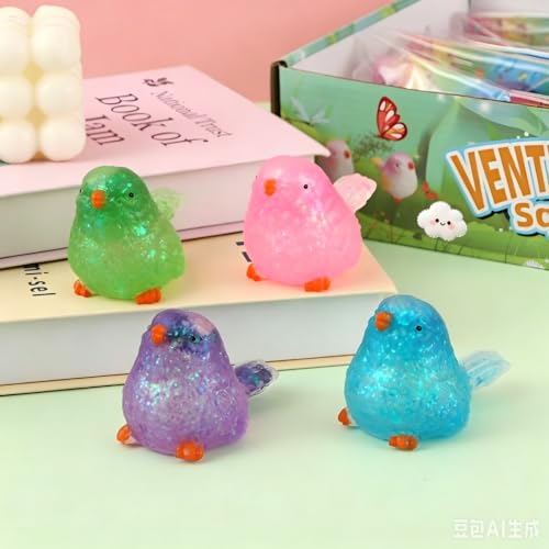 4 Pack Sugar Bird Squishy Squeeze Toys, Glitter Gel-Filled Sensory Fidget Items for Kids & Adults, Soft Tactile Bird-Shaped Objects for Desk Decor, Classroom Prizes and Party Favors (4 Pack Birds)
