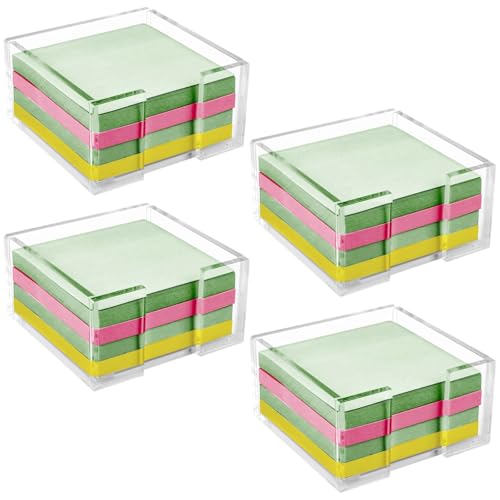 4 Pcs Acrylic Sticky Note Holders for Desk, with 4 Notepads, Square Transparent Post-it Note Holder Set, for Home, Office, School Organization, Clear Desktop Note Storage and Display