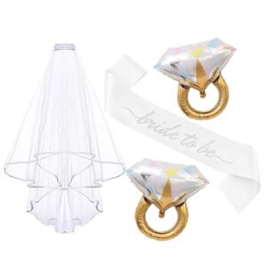 4PCS Bride to Be Sash and Veil, Bride Diamond Ring Balloons Accessories for Bachelorette Bridal Shower Engagement Wedding Party Decorations