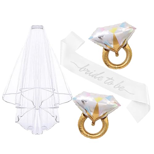 4PCS Bride to Be Sash and Veil, Bride Diamond Ring Balloons Accessories for Bachelorette Bridal Shower Engagement Wedding Party Decorations
