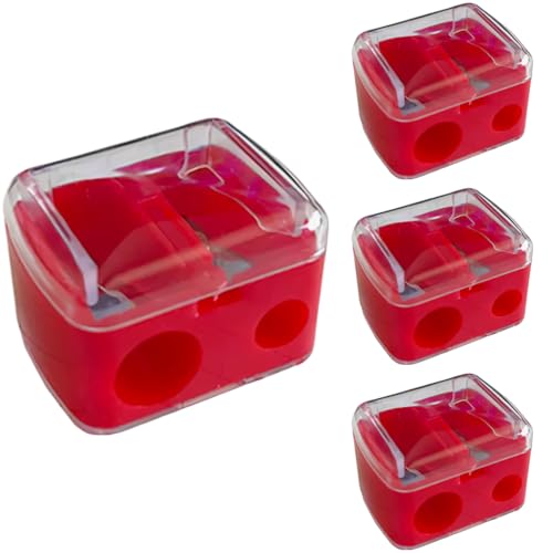 4 Pcs Dual Holes Handheld Pencil Sharpener for Eyeliner Lip Eyeshadow Pencils, Red Plastic Manual Sharpener with Transparent Lid and Manganese Steel Cutting Edge, 1.38 x 1.18 in