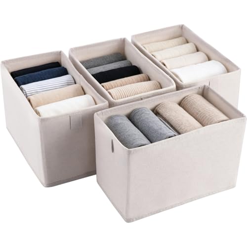 4 Pcs Foldable Drawer Organizers, Fabric Storage Bins for Clothes, Closet Underwear Dividers, Folding Storage Boxes with Removable Support Boards for Socks, Towels, Underwear, Closet Storage