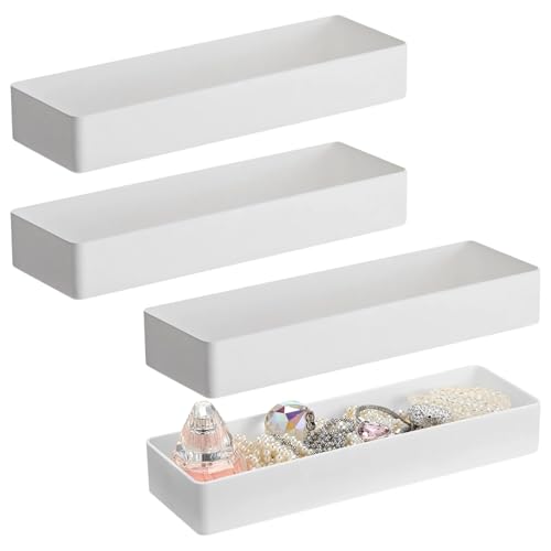 4 Pcs Plastic Drawer Organizers, White Cosmetic and Office Organizer Trays for Desk, Bathroom, Kitchen, and Office, Stackable Storage Boxes, Large Size, Easy Drawer Dividers and Countertop Storage